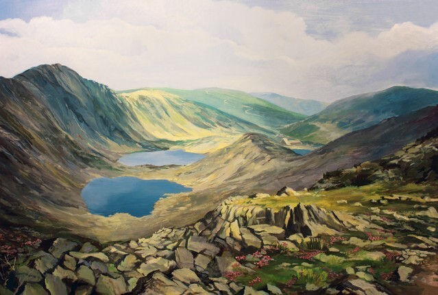 An oil painting on canvas of a panoramic view from the peak Musala in Rila mountains, Bulgaria toward the crystal clear lakes and the hut in the distance